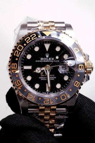 ROLEX GMT-Master II Black Dial Steel 18kt Yellow Gold Men's Watch 126713GRNR