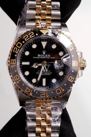 ROLEX GMT-Master II Black Dial Steel 18kt Yellow Gold Men's Watch 126713GRNR