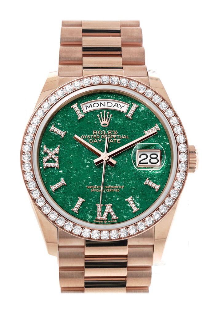 Rolex Day-Date 36 Green Aventurine Dial Diamond Bezel 18K Everose Gold President Watch 128345RBR