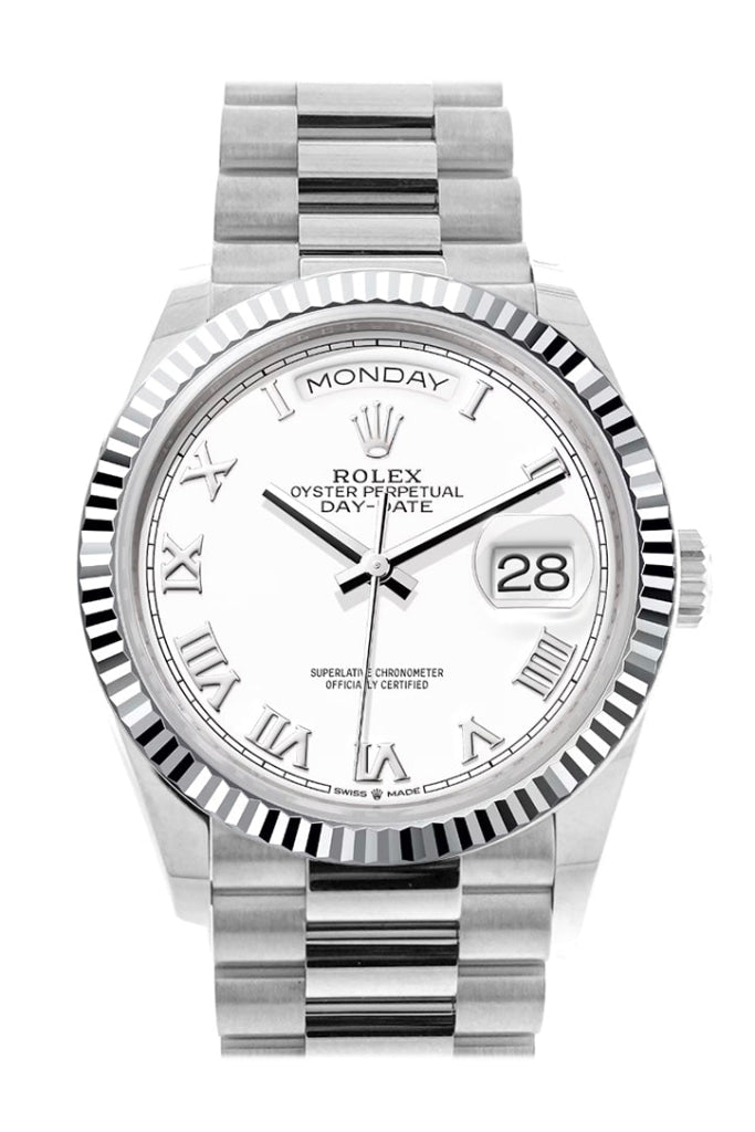 Rolex Day-Date 36 White Dial Fluted Bezel Platinum President Watch 128236 Dc