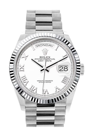 Rolex Day-Date 36 White Dial Fluted Bezel Platinum President Watch 128236 DC