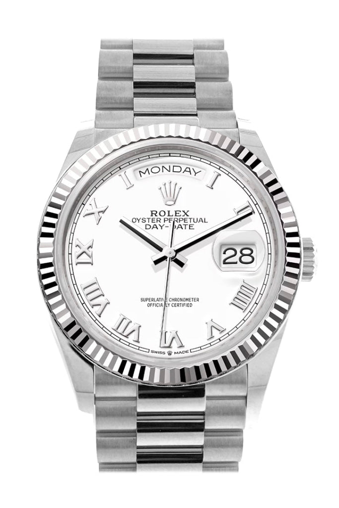 Rolex Day-Date 36 White Dial Fluted Bezel Gold President Watch 128239 Dc