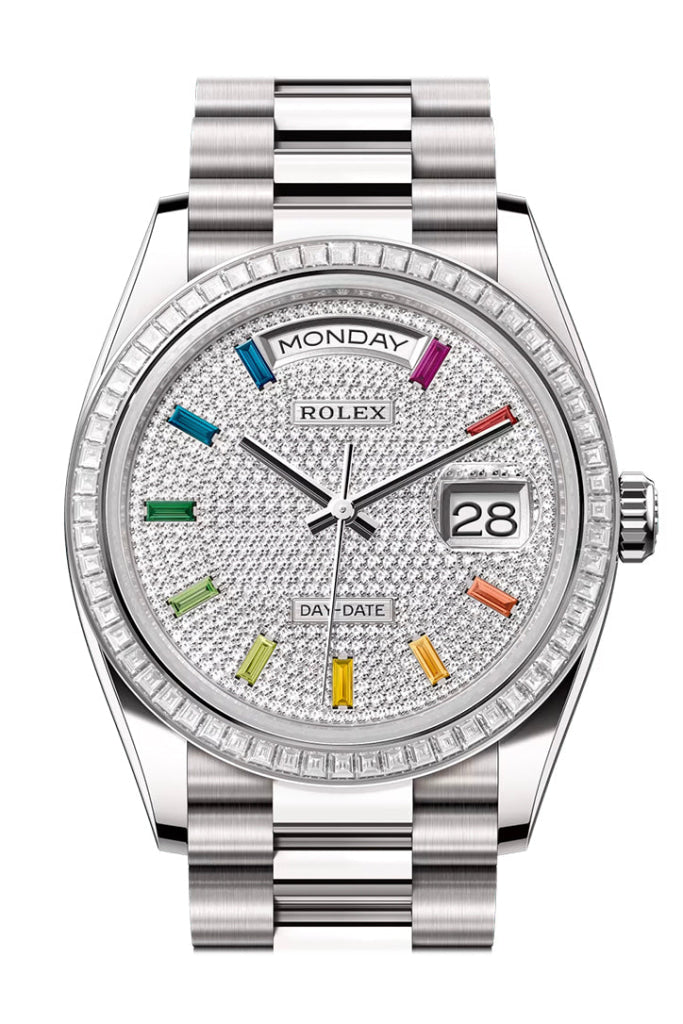 Rolex Day Date 36 Rainbow Diamond Dial Bezel White Gold President Bracelet 128399Tbr Watch