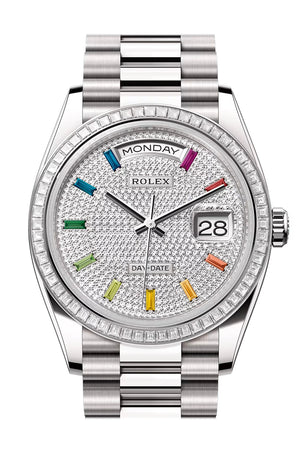 Rolex Day Date 36 Rainbow Diamond Dial Diamond Bezel White Gold President Bracelet 128399TBR