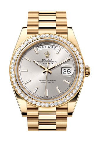 Rolex Day-Date 40 Silver Dial Diamond Bezel Yellow Gold President Men's Watch 228348RBR