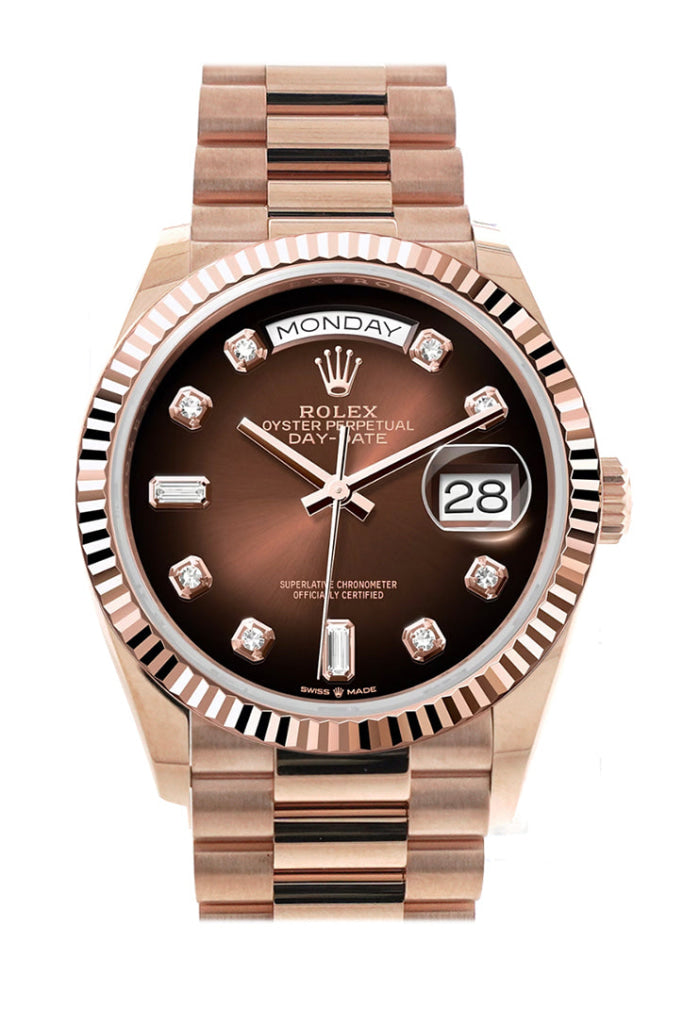 Rolex Day-Date 36 Brown Ombré Diamond Dial Fluted Bezel 18K Everose Gold President Watch 128235