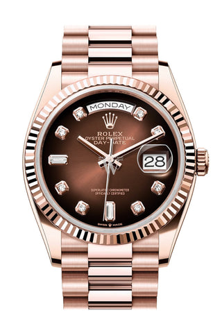 Rolex Day-Date 36 Brown ombré Diamond-set Dial Fluted Bezel 18K Everose gold President Watch 128235