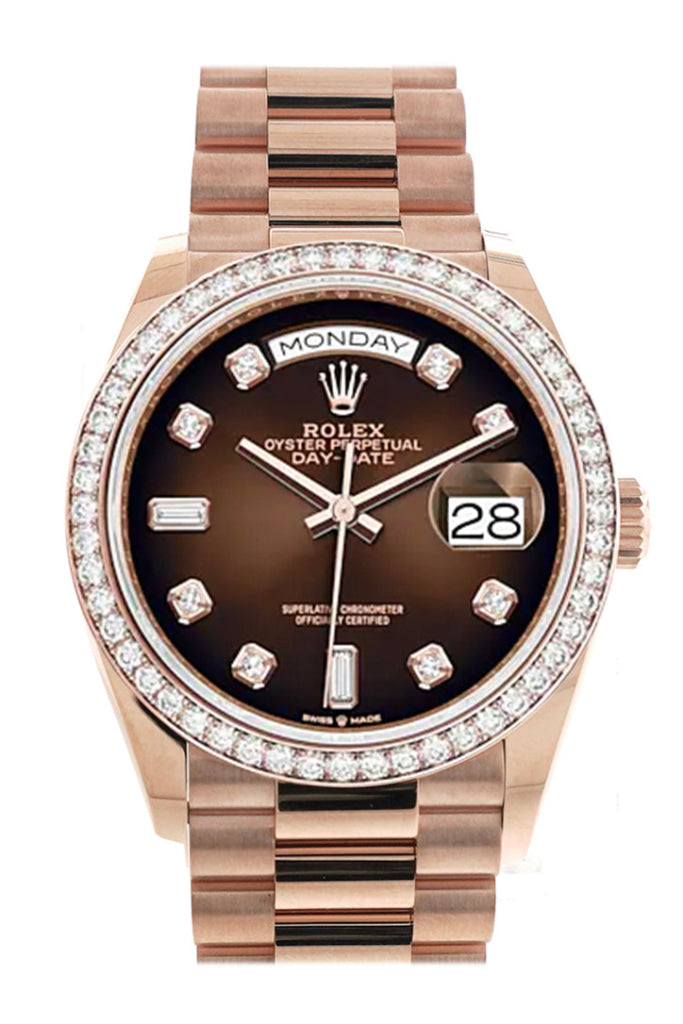 Rolex Day-Date 36 Brown Ombré Diamond Dial Bezel 18K Everose Gold President Watch 128345Rbr