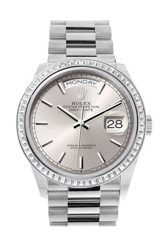 Rolex Day-Date 36 Silver Dial Diamond Bezel Platinum President Watch 128396Tbr