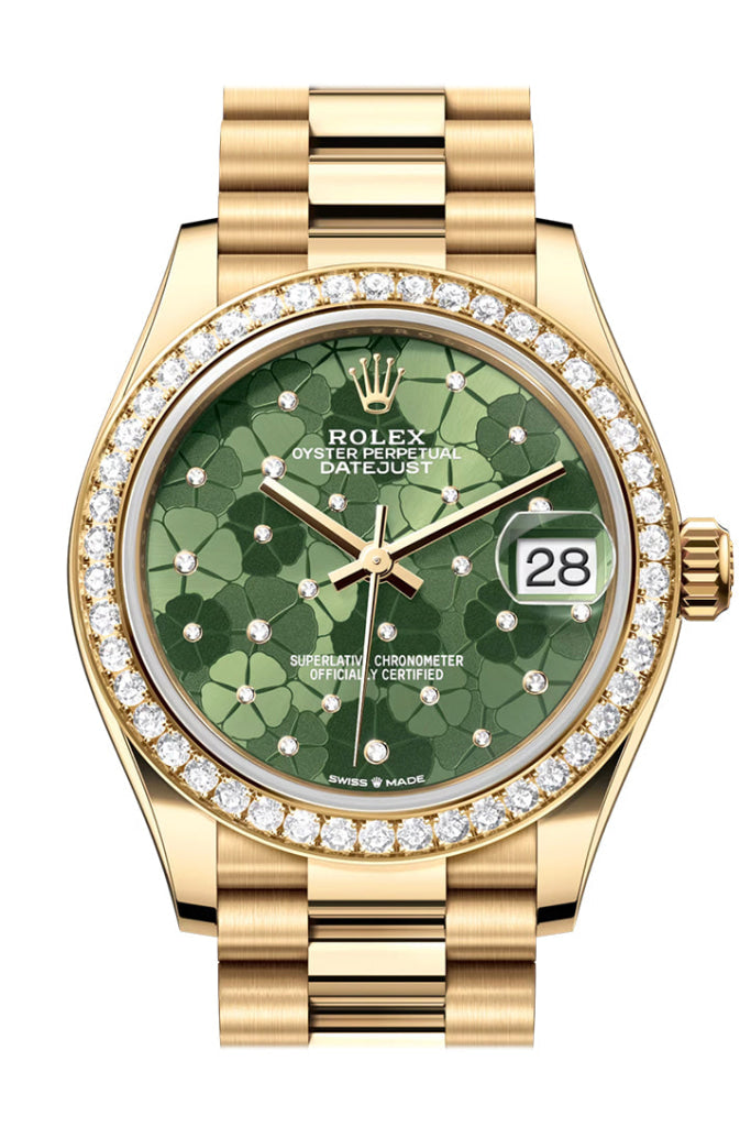 Rolex Datejust 31 Olive Green Floral Motif Diamond Dial Bezel Yellow Gold Ladies Watch 278288Rbr