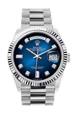 Rolex Day-Date 36 Blue Ombré Diamond Dial Fluted Bezel Platinum President Watch 128236