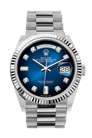 Rolex Day-Date 36 Blue Ombré Diamond Dial Fluted Bezel White Gold President Watch 128239