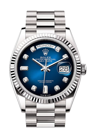 Rolex Day-Date 36 Blue Ombré Diamond Dial Fluted Bezel White Gold President Watch 128239