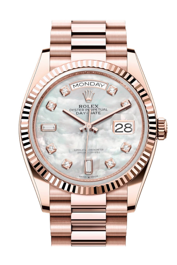 Rolex Day-Date 36 Mother-Of-Pearl Diamond Dial Fluted Bezel 18K Everose Gold President Watch 128235
