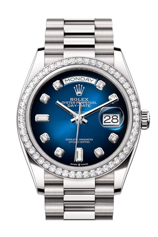 Rolex Day-Date 36 Blue Ombré Diamond Dial Bezel White Gold President Watch 128349Rbr