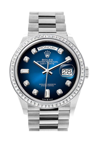 Rolex Day-Date 36 Blue Ombré Dial Diamond Bezel Platinum President Watch 128396Tbr