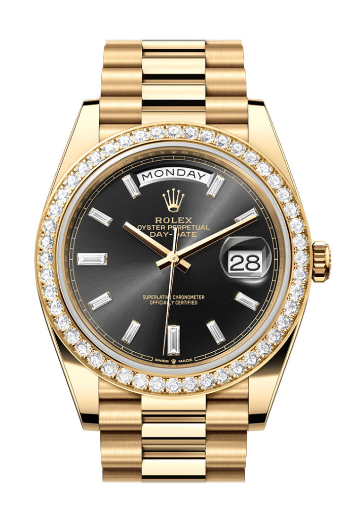 Rolex Day-Date 40 Bright Black Dial Diamonds Diamond Bezel Yellow Gold President Men’s Watch