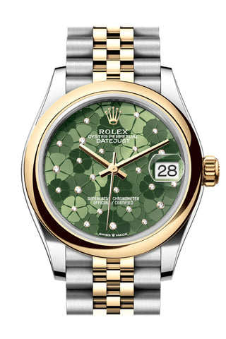 Rolex Datejust 31 Olive Green Floral Motif Dial Yellow Gold Steel Jubilee Ladies Watch 278243