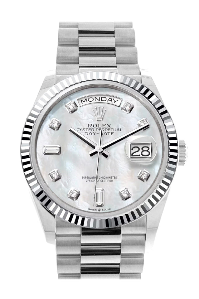 Rolex Day-Date 36 Mother Of Pearl Diamond Dial Fluted Bezel Platinum President Watch 128236