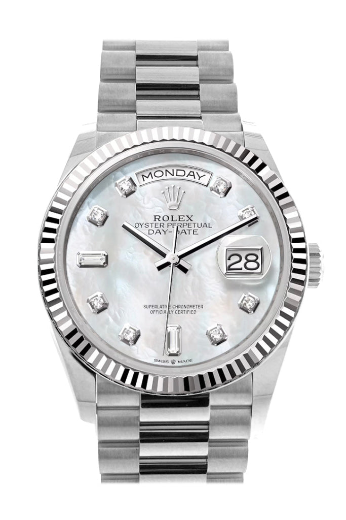 Rolex Day-Date 36 Mother Of Pearl Diamond Dial Fluted Bezel White Gold President Watch 128239