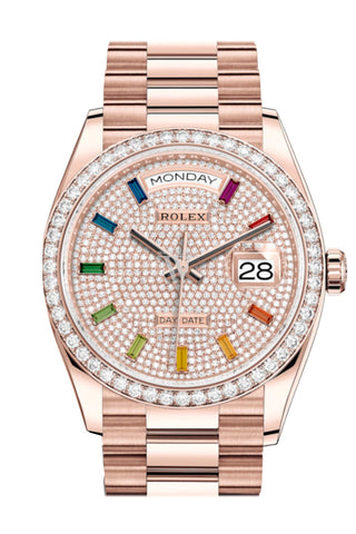 Rolex Day-Date 36 Everose Diamond Bezel Paved Rainbow Sapphire Dial President Bracelet Watch