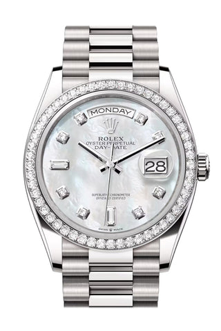 Rolex Day-Date 36 Mother of Pearl Diamond Dial Diamond Bezel White Gold President Watch 128349RBR