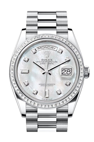 Rolex Day-Date 36 Mother of Pearl Dial Diamond Bezel Platinum President Watch 128396TBR