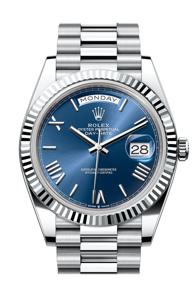 Rolex Day-Date 40 Blue Dial Fluted Bezel Platinum President Men’s Watch 228236