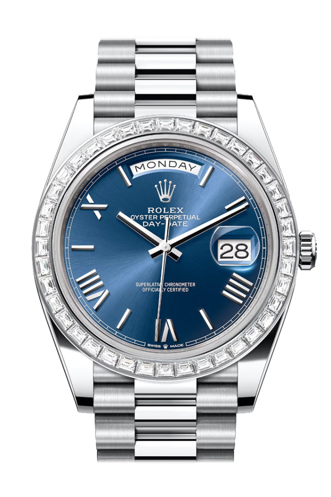 Rolex Day-Date 36 Bright Blue Dial Diamond Bezel Platinum President Watch 228396Tbr