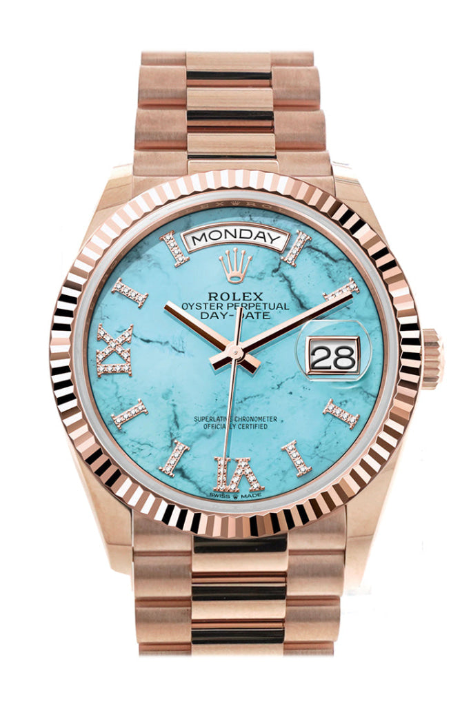 Rolex Day-Date 36 Turquoise Diamond Dial Fluted Bezel 18K Everose Gold President Watch 128235