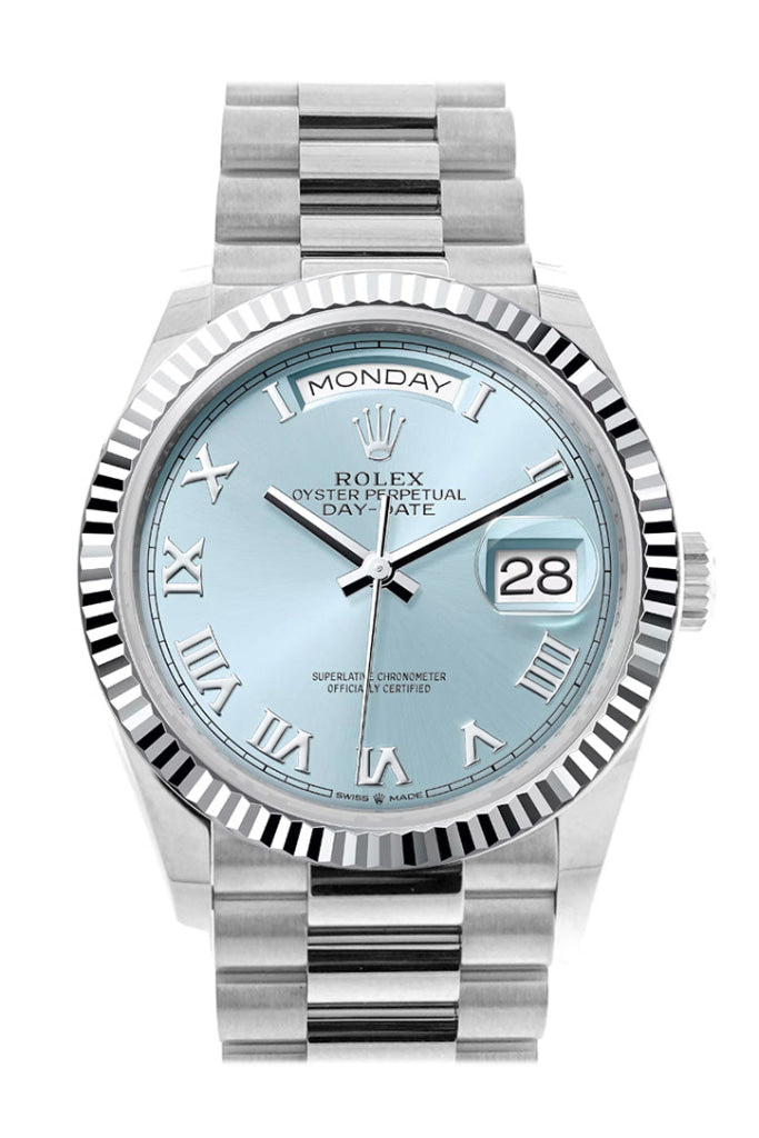 Rolex Day-Date 36 Ice Blue Roman Dial Fluted Bezel Platinum President Watch 128236 Dc