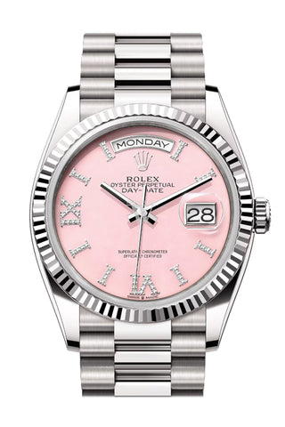 Rolex Day-Date 36 Pink Opal Diamond Dial Fluted Bezel White Gold President Watch 128239