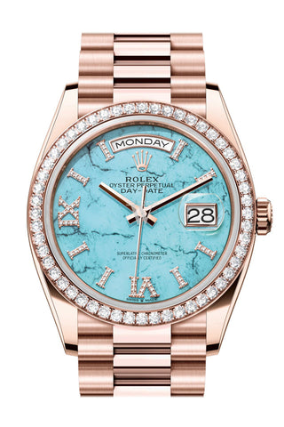 Rolex Day-Date 36 Turquoise Dial Diamond Bezel 18K Everose Gold President Watch 128345RBR