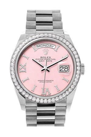 Rolex Day-Date 36 Pink Opal Diamond Dial Diamond Bezel White Gold President Watch 128349RBR