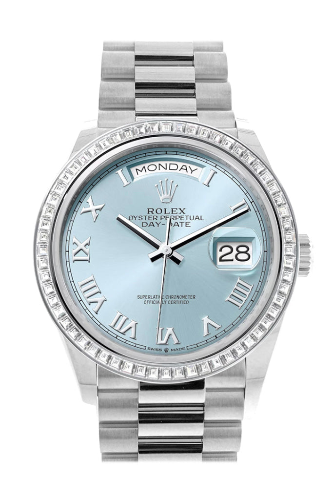 Rolex Day-Date 36 Ice Blue Roman Dial Diamond Bezel Platinum President Watch 128396Tbr