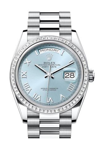 Rolex Day-Date 36 Ice Blue Roman Dial Diamond Bezel Platinum President Watch 128396Tbr