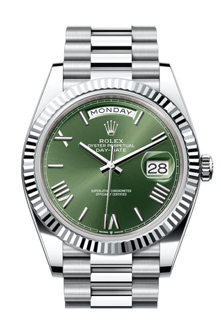 Rolex Day-Date 40 Olive Green Dial Fluted Bezel Platinum President Men's Watch 228236