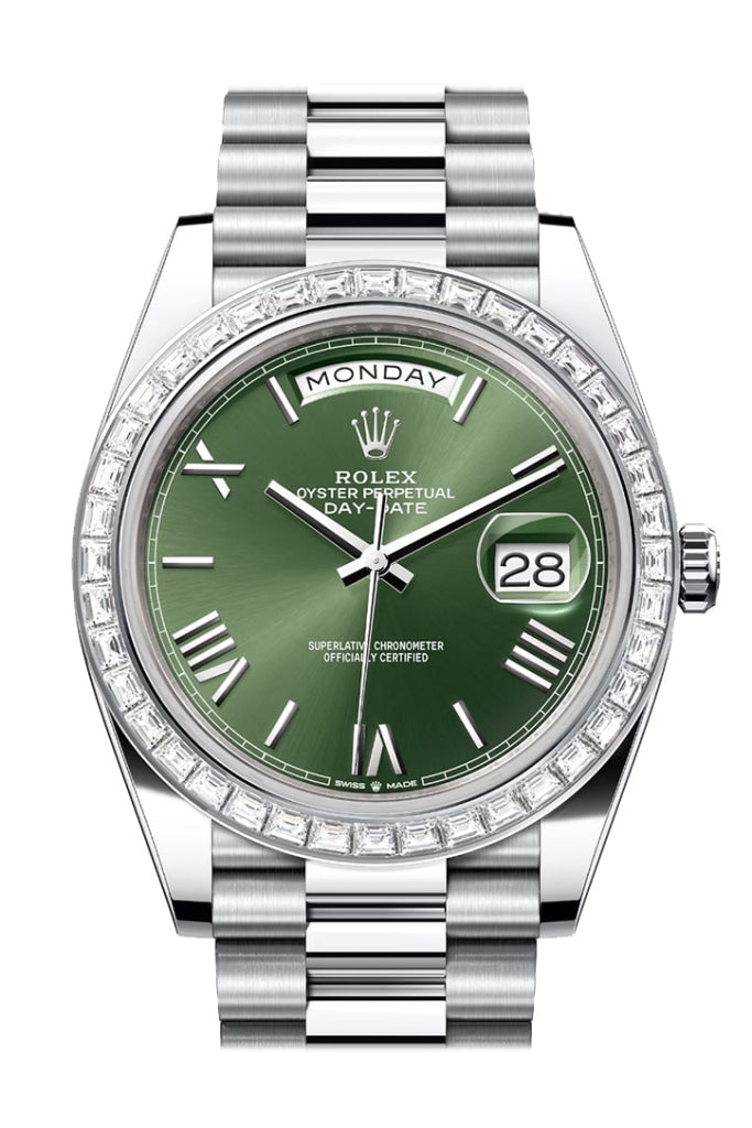 Rolex Day-Date 36 Olive Green Dial Diamond Bezel Platinum President Watch 228396Tbr