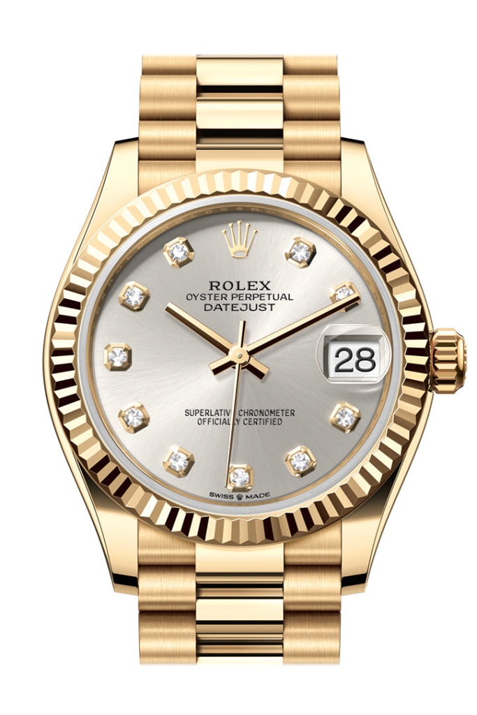 Rolex Datejust 31 Silver Diamond Dial Fluted Bezel Yellow Gold Ladies Watch 278278 278278-0034