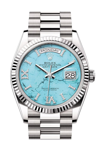 Rolex Day-Date 36 Turquoise Diamond Dial Fluted Bezel White gold President Watch 128239