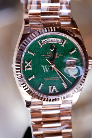 Rolex Day-Date 36 Aventurine Diamond Dial Fluted Bezel 18K Everose gold President Watch 128235