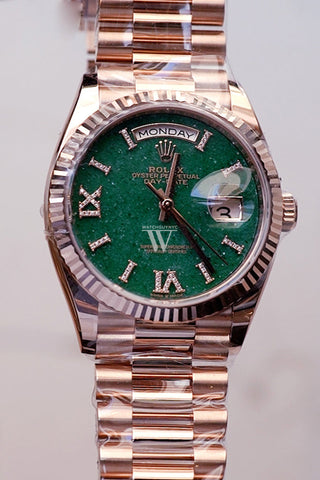 Rolex Day-Date 36 Aventurine Diamond Dial Fluted Bezel 18K Everose gold President Watch 128235