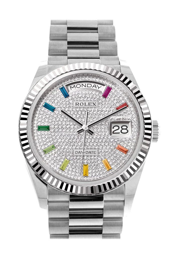 Rolex Day-Date 36 Diamond Paved Dial Fluted Bezel White Gold President Watch 128239