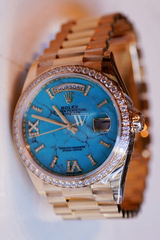 Rolex Day-Date 36 Turquoise Dial Gold Diamond Bezel Watch 128348Rbr-0037 128348Rbr