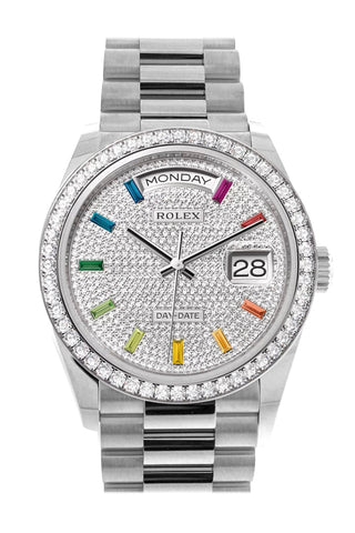 Rolex Day-Date 36 Diamond Paved Dial Bezel White Gold President Watch 128349Rbr