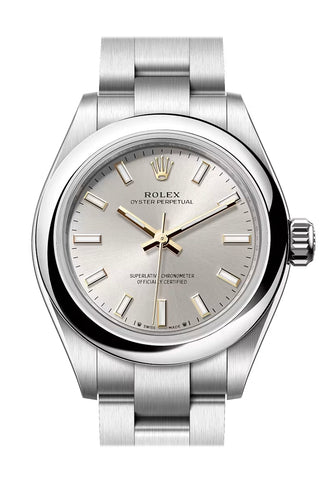 Rolex 276200-0001 Oyster Perpetual 28 SILVER Dial SMOOTH Bezel STEEL OYSTER Bracelet
