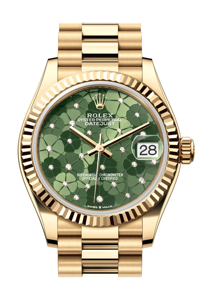 Rolex Datejust 31 Olive Green Floral Motif Diamond Dial Fluted Bezel Yellow Gold Ladies Watch