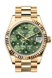 Rolex Datejust 31 Olive Green Floral Motif Diamond Dial Fluted Bezel Yellow Gold Ladies Watch 278278 278278-0046