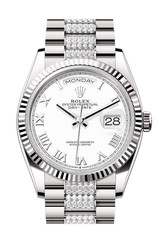 Rolex Day-Date 36 White Dial Fluted Bezel Gold Diamond President Watch 128239 Dc