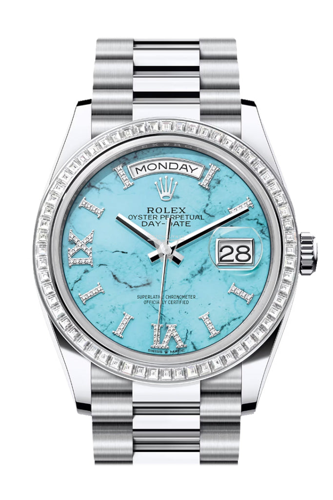 Rolex Day-Date 36 Turquoise Dial Diamond Bezel Platinum President Watch 128396TBR